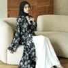NOURA ABAYA OUTER LAYLA Paper Silk Premium Kancing Cheongsam - Black & Off White noura abaya outer layla paper silk premium kancing cheongsam black & off white